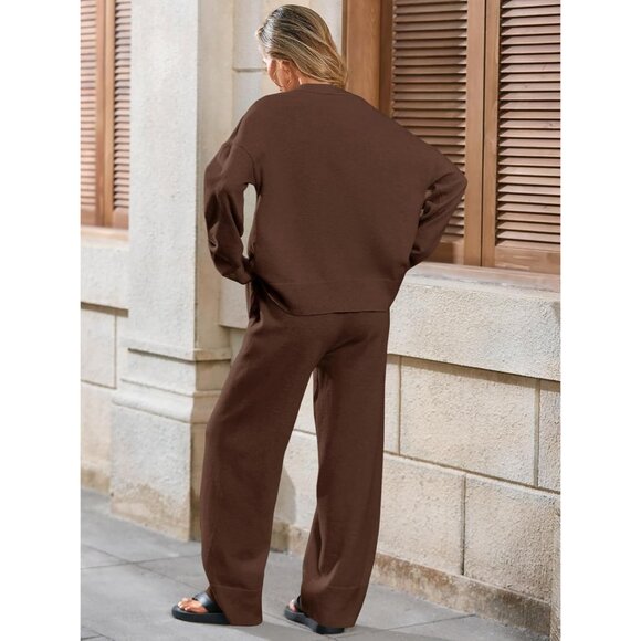 Womens 2 Piece Sweater Set Oversized Tie Front Cardigan Elastic Pants Lounge - Picture 5 of 7